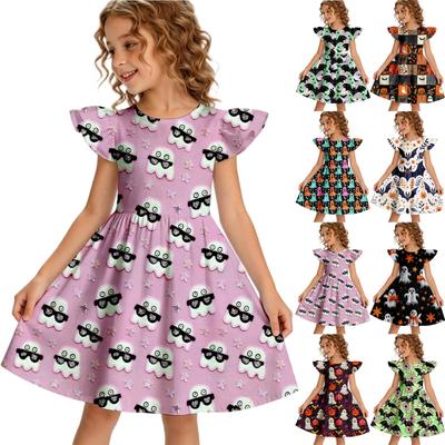 Girls Halloween Casual Dress Round Neck Ruffle Cap Sleeve Dress with Ghost Pumpkin Print Lightweight Comfortable Fabric for Everyday Wear