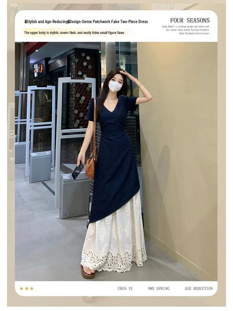 Elegant Plus Size Patchwork French Short-Sleeve Dress - Spring/Summer 2026
