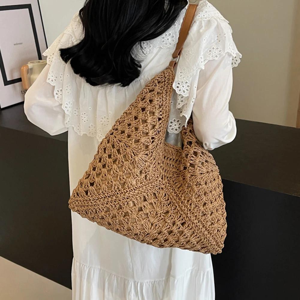 2025 Summer Straw Knitting Bag Hollow Out Tote Bag Solid Beach Shoulder Bag Holiday Travel Handbag Boho Shoulder Purse for Women