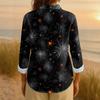 Women's Retro Halloween Printed Button Up Long Sleeved Casual Regular Shirt Collar Top