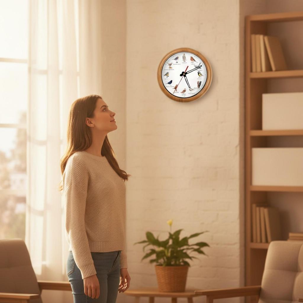 Round Wall Clock with Wooden Frame Nature-Inspired for Living Room, Hallway