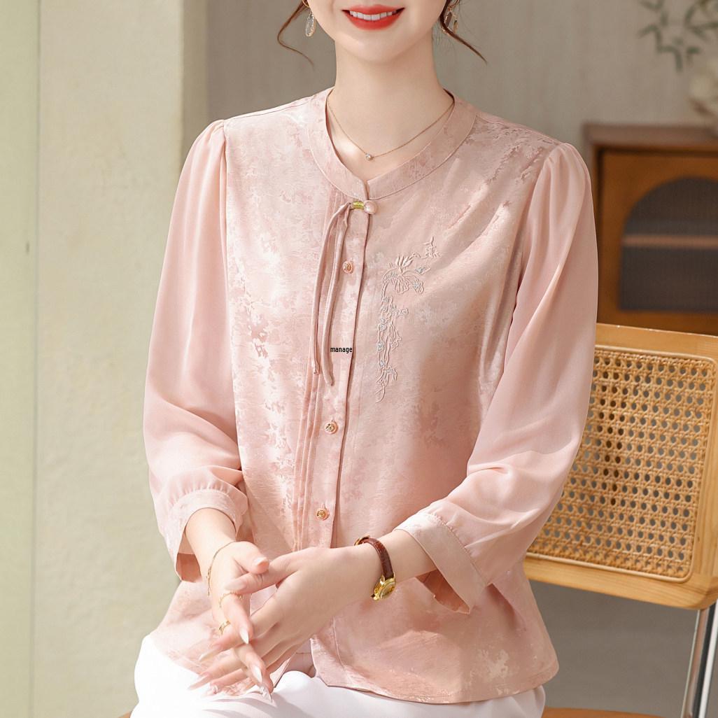 

Mom s Spring Seven-Sleeve Cardigan: New 2026 Chinese National Style Round Neck Shirt for Middle-Aged & Elderly Women 2XL - 105-120 lbs розовый