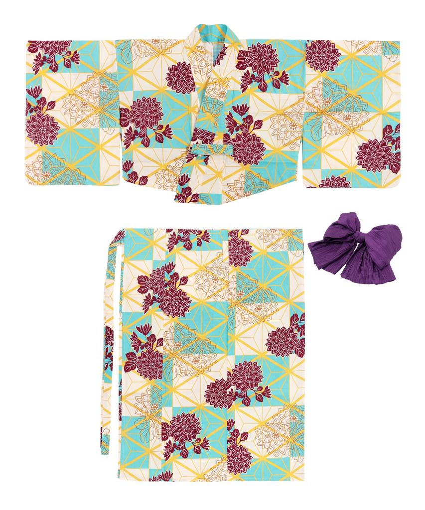 Yukata Two Change Set Heiko Junior Girls [KYOETSU] Set, Yukata, Parts, Girls, Unbleached, Weave, 2-piece (Yukata, Obi), (2.Shadow Chrysanthemum,
