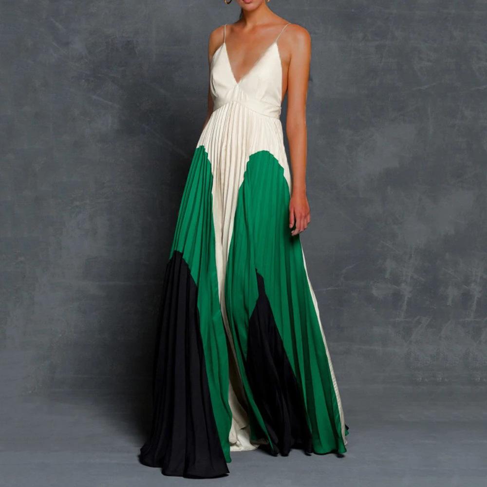 Summer European and American women's clothing wish digital printing slim and thin long color matching pleated suspender dress