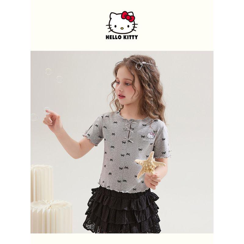 Hello Kitty Girls' Short-Sleeved T-Shirt 2025 New Summer Polka Dot Kidsren's Tops Girls' Summer Clothes Trendy