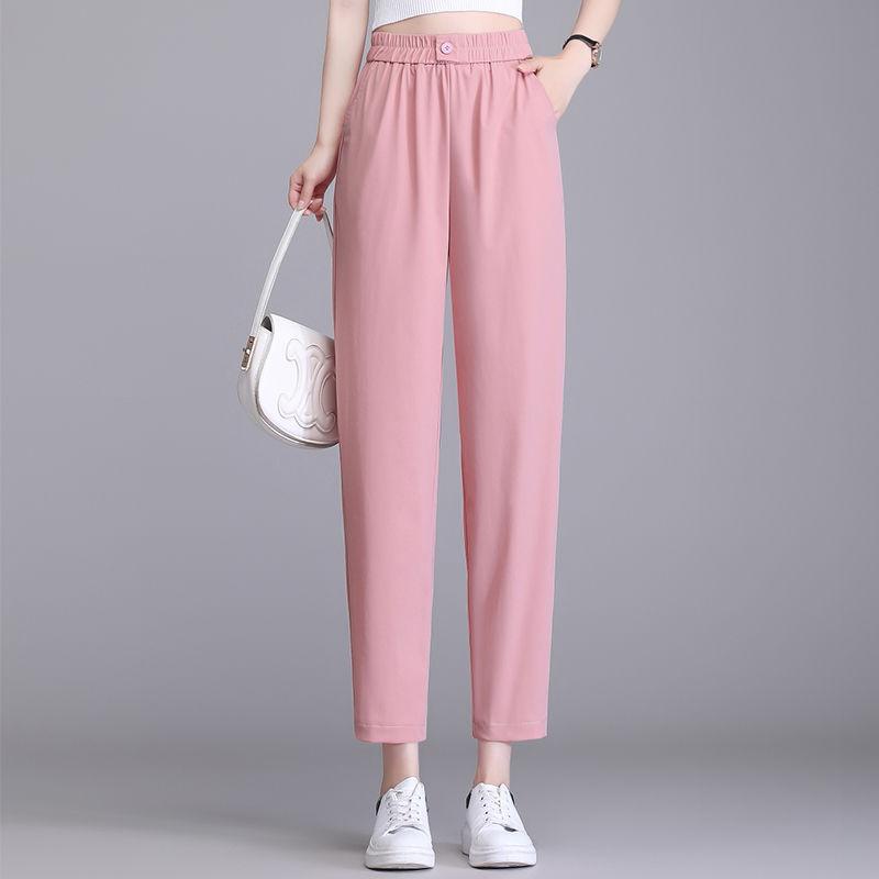 New Spring and Summer Fashion Commuting Simple Button Elastic Waist Panel Pocket Ice Silk Elastic Split Casual Women's Pant