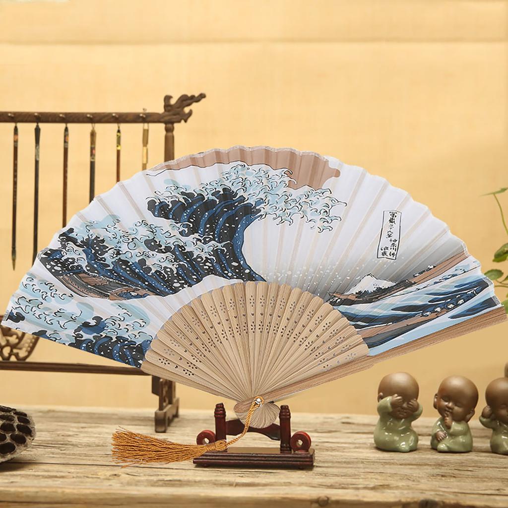 Elegant Janpanese Style Painted Waves Retro Bamboo Folding Fan Home Office Decoration(#1)