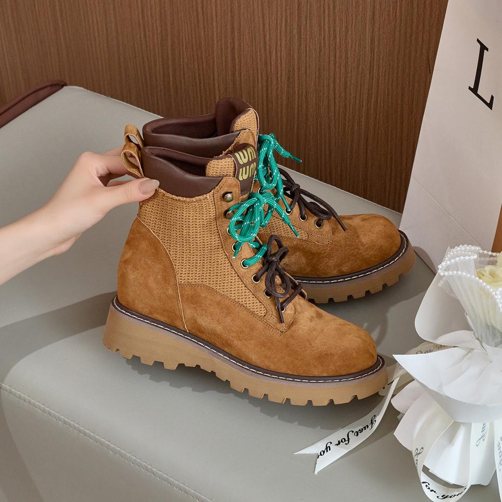 Leather Short Boots Women's Shoes 2025 Autumn and Winter New Thick-soled Lace-up Thick-heeled Locomotive Outdoor Short Boots Women's Martin Boots