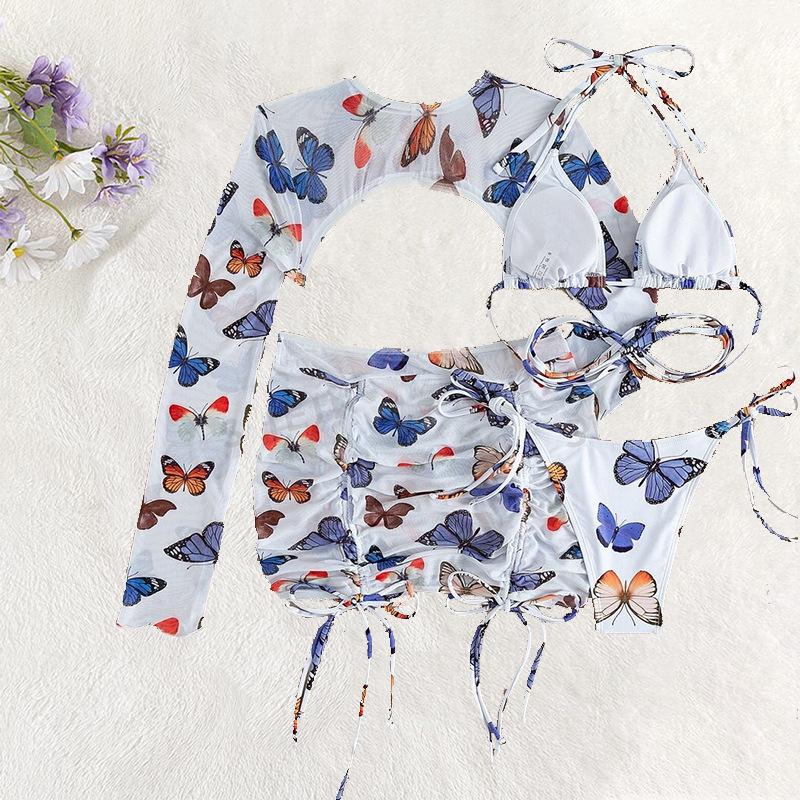 2024 European & American Butterfly Print Drawstring 4-Piece Sexy Women's Bikini Swimwear