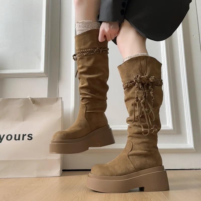 Platform Thick Heel Women Western High Boots Designer Tassel Slip On Shoes Autumn Winter Ladies Punk Vintage Long Booties