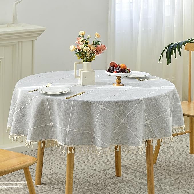 Lattice Embroidery Round Tablecloth Cotton Linen with Tassel for Kitchen Dining Party Tabletop Picnic Wedding Decor Table Cover