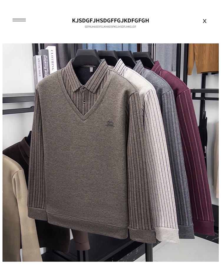 Men's Winter Striped Knitted Sweater - Faux Two-Piece with Turn-Down Collar, Fleece Lined