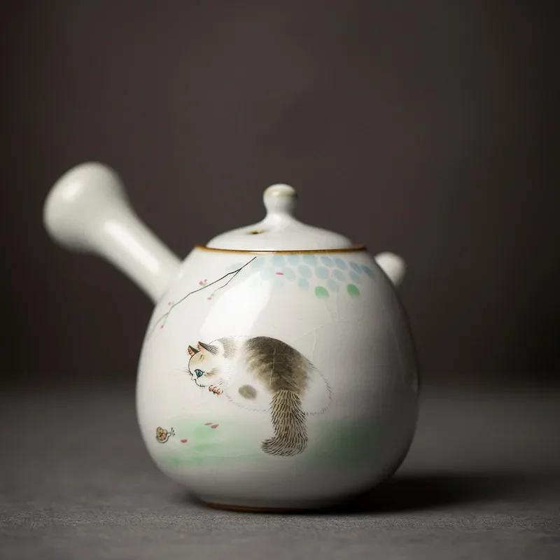 230ml Chinese Ru Kiln Side Handle Teapots Handmade Cute Cat Pattern Ceramic Kettle Travel Portable Filter Tea Pot Home Tea Set