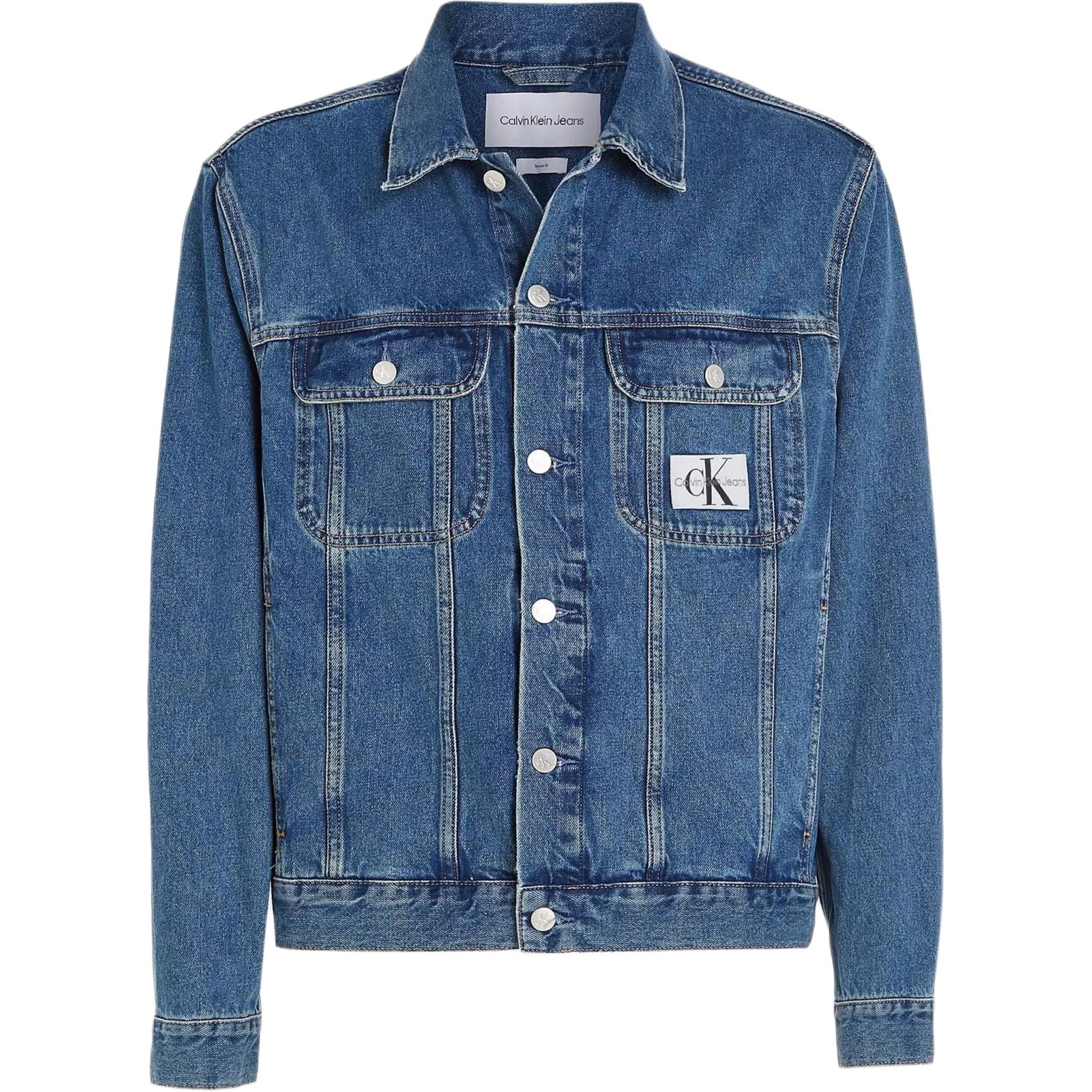 

Calvin Klein 90s Denim Letter Print Pattern Pointed Collar Single-Breasted Long Sleeve Denim Jacket Men jackets Blue J30J324972-1A4 XXL