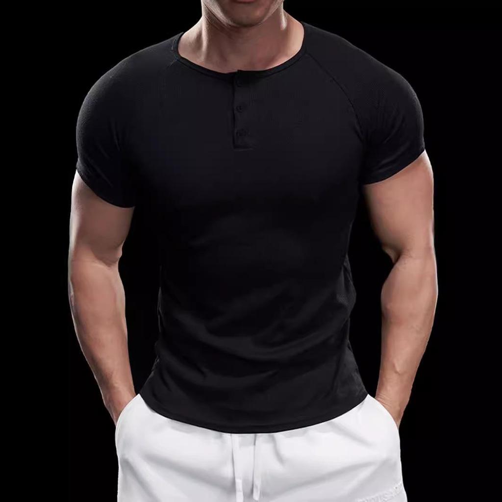 2024 Men's Semi-Tight Henley Fitness Shirt - Solid Color Striped Stretch Short Sleeve Athletic Top