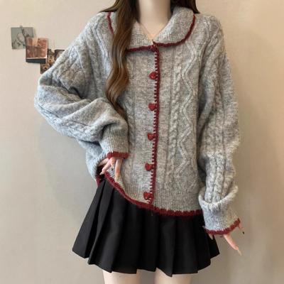 Love Buckle Doll Collar Knitted Cardigan for Women 2025 Autumn and Winter New Korean Lazy Style Casual Sweater Jacket for Women