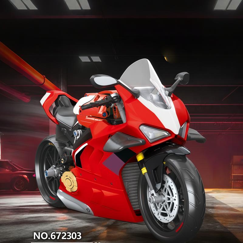 Red racing track motorcycle building blocks, high-precision 1:8 scale technology motorcycle model, comes with a display base, bu