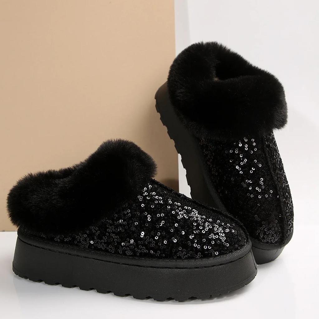 Thick Bottom Warm Snow Boots Women Winter Thickened Warm Sequin Cotton Shoes Comfortable Outdoor Casual Fur Shoes