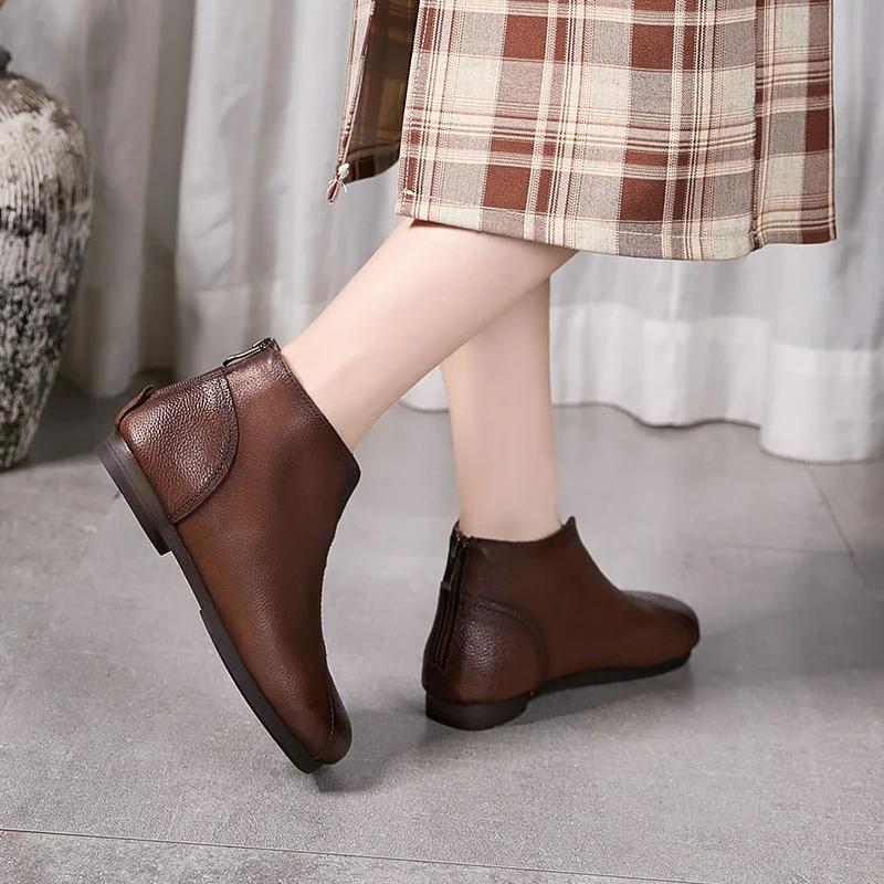 Johnature Bottines plates rétro en cuir véritable à bout rond et semelle souple, chaussures polyvalentes pour femmes