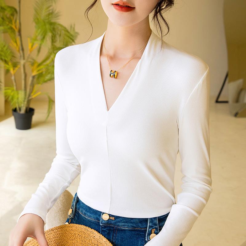 Threaded Bottomed Shirt Women's 2025 New Women's Clothing Sexy Deep V Foreign Style Shirt Elastic Inner Tight Long-sleeved Top