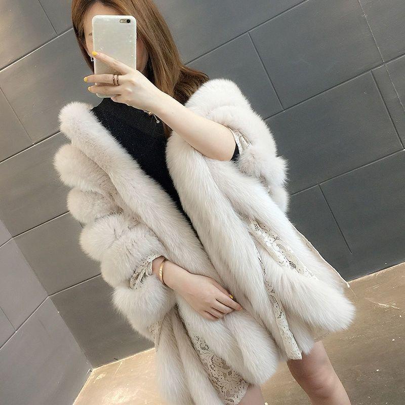 Autumn and Winter Environmentally Friendly Fox Hair Lace Shawl Medium and Long Socialite Little Lady Fur Coat Women's