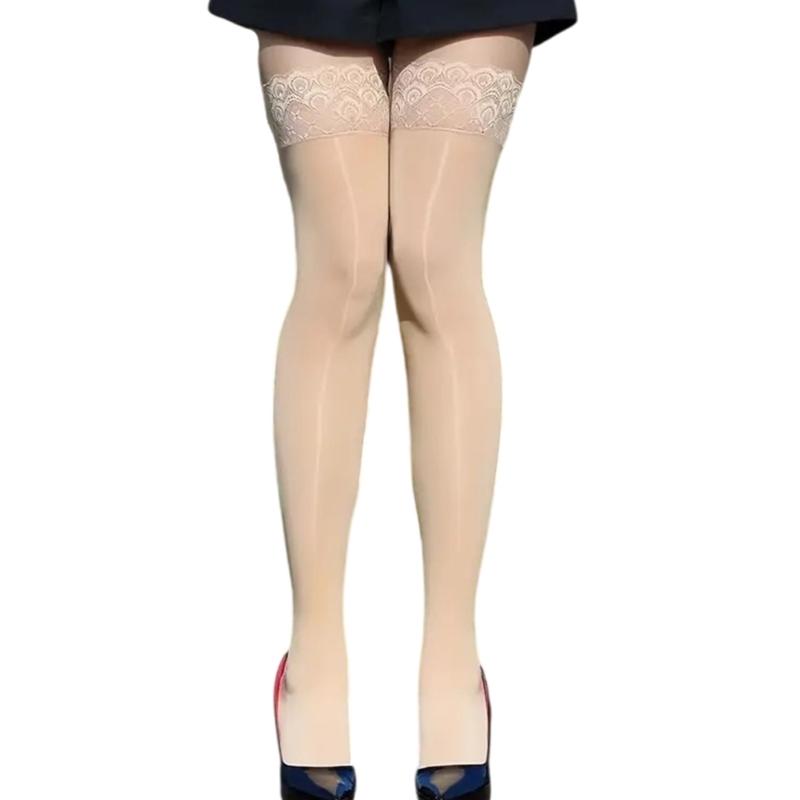 Shimmering High Elastic Over Knee Socks Breathable Design With Decorative Lace Edging Glossy Sheer Thigh High Stockings