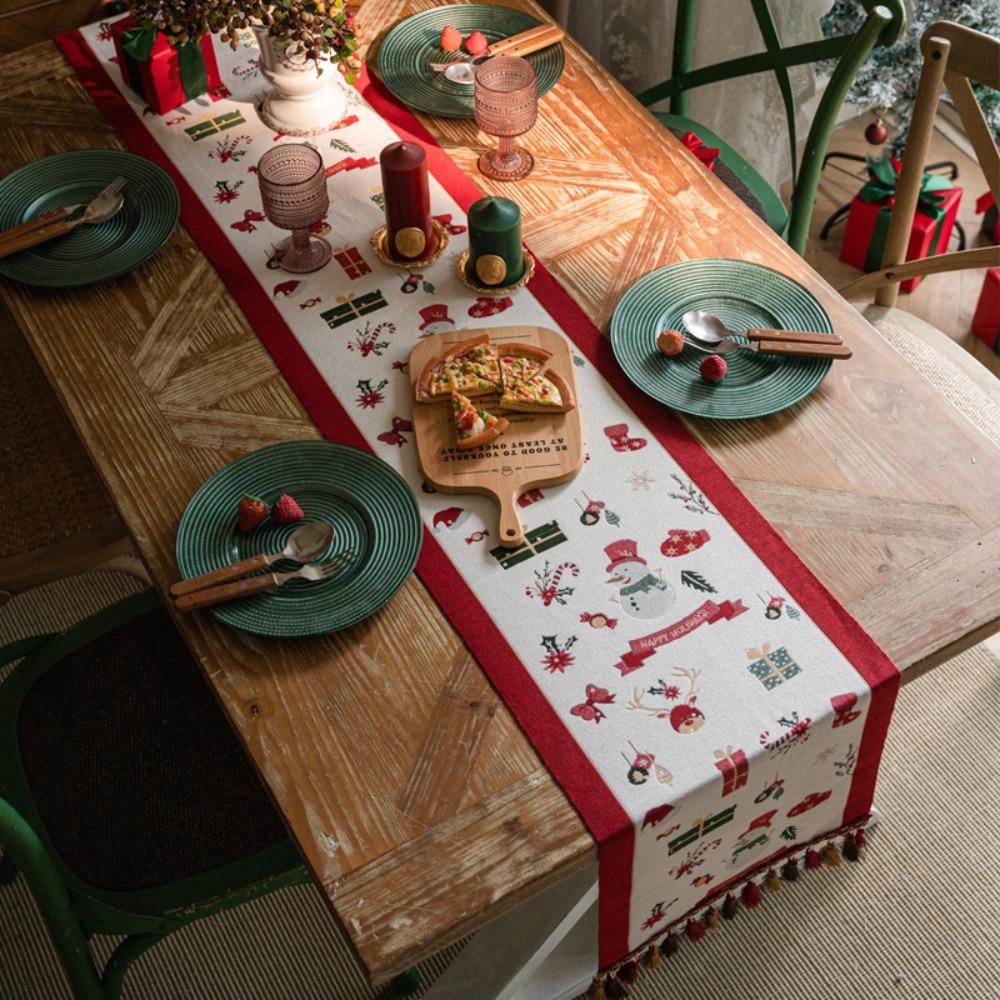 Christmas Table Runner Snowman Blue Decor Long Dining Table Cloth for Holiday Decoration