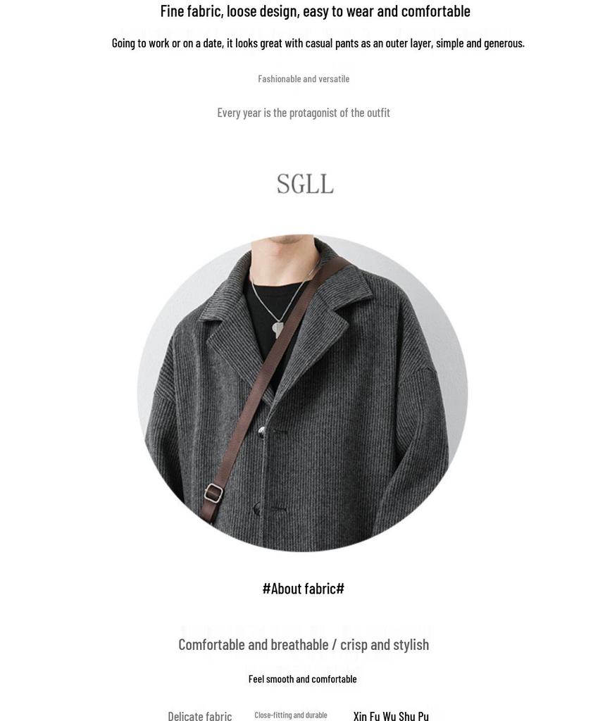 Men's Corduroy Wool Coat - Mid-Length, Loose Fit, Spring/Autumn, Hong Kong & Korean Style