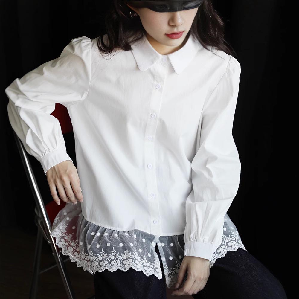 2025 Spring French White Lace Patchwork Shirt - Korean Style Retro Slimming Loose Long-Sleeved Women's Top