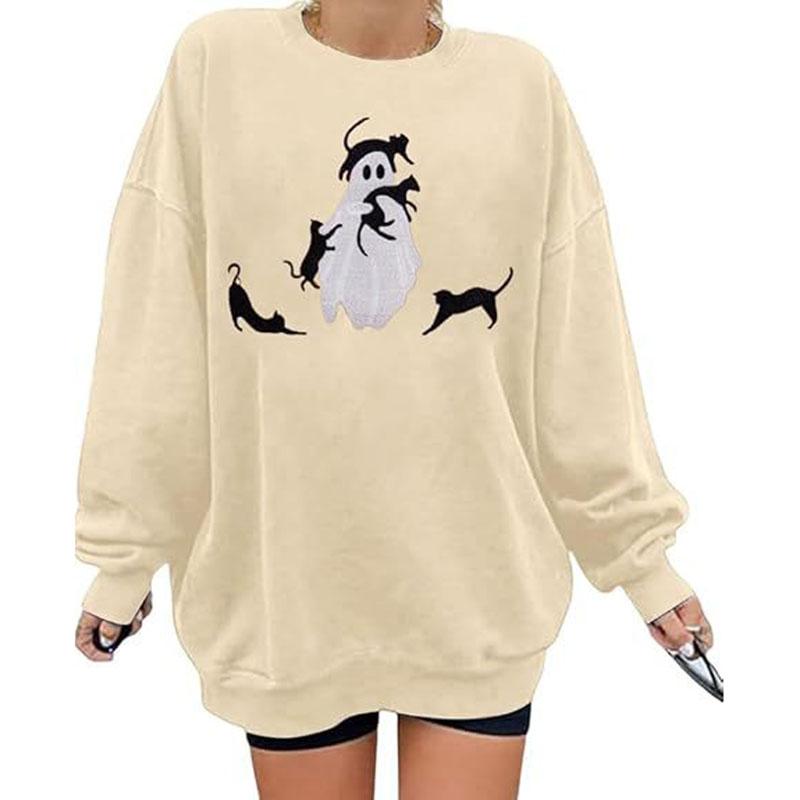 Hallowmas Ghost Print Long Sleeve Sweatshirt Women Crew Neck Oversized Pullover Top