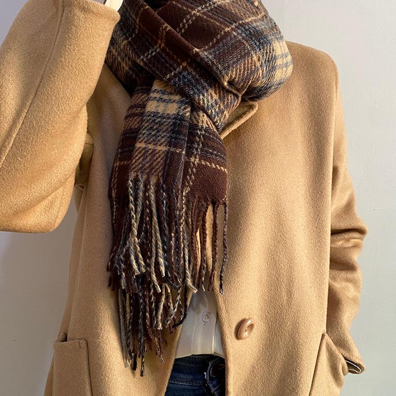 

Autumn Winter Plaid Tassel Scarf Women Imitation Cashmere Thickened Warm Tassel Scarf Fashionable Versatile Shawl Wrap Scarves One Size
