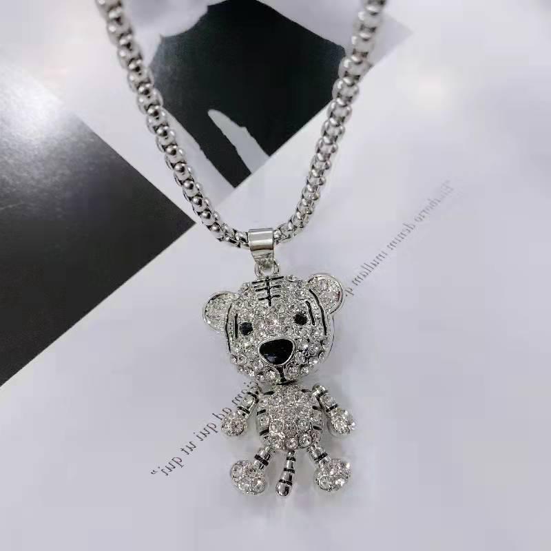 Collier Hip Hop en Acier Titane avec Pendentif Ours pour Hommes & Femmes, Chaîne Pull pour Automne/Hiver