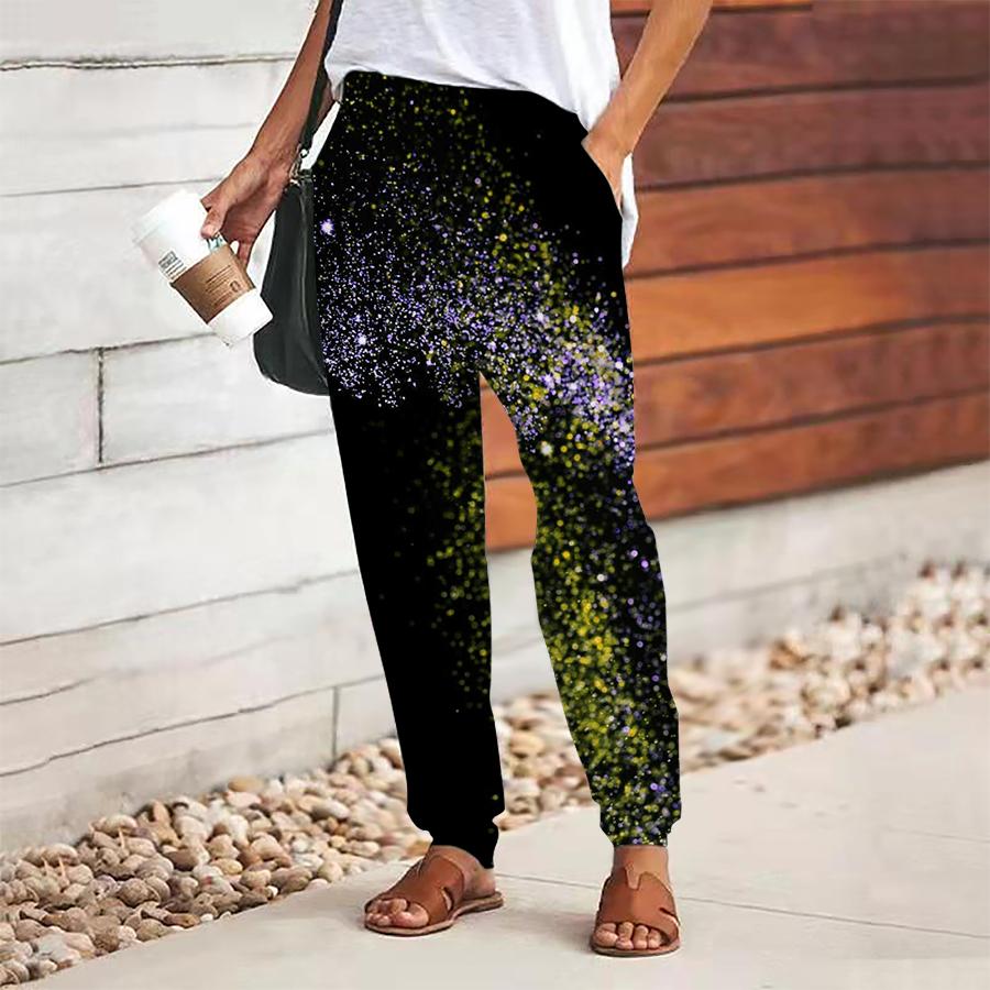 Women Milky Way Printing Pants Lace Up Elastic Waist Loose  Trousers Casual Long Pants Trousers with Pockets