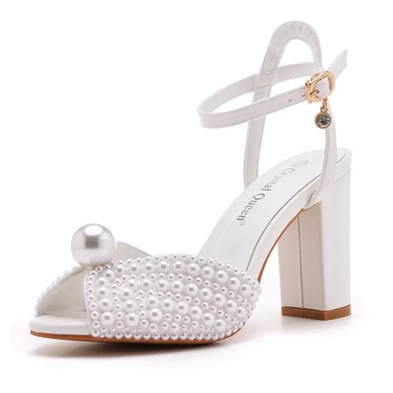 Women Heeled Sandals Summer Buckle Strap PU 9CM  Square Heel Simple White Pearl Bridal Dress Wedding Dress Shoes Women Shoes