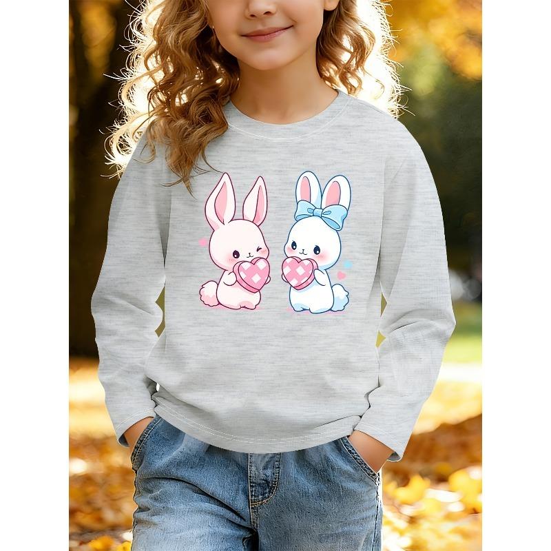 European sizes Kids' Casual Long Sleeve T-Shirt |Cute Cartoon Bunny Heart Pattern,Comfortable Crew Neck Knit Top for Daily Activities and Outdoor Wear