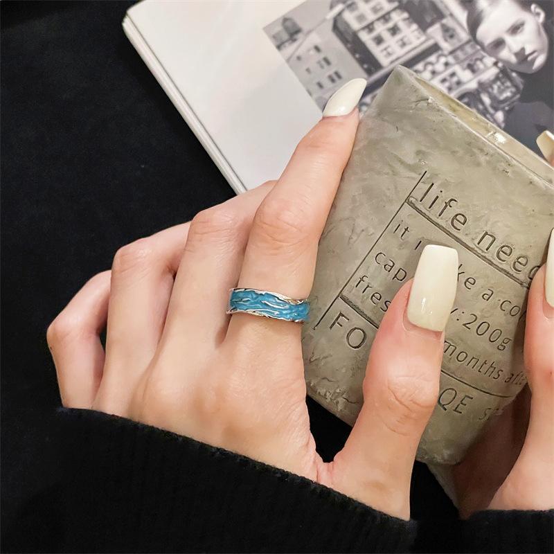 Blue Ocean Drip Glaze Open Ring Star Chain Niche Design Sense Personality Advanced Sense Index Finger Ring Female