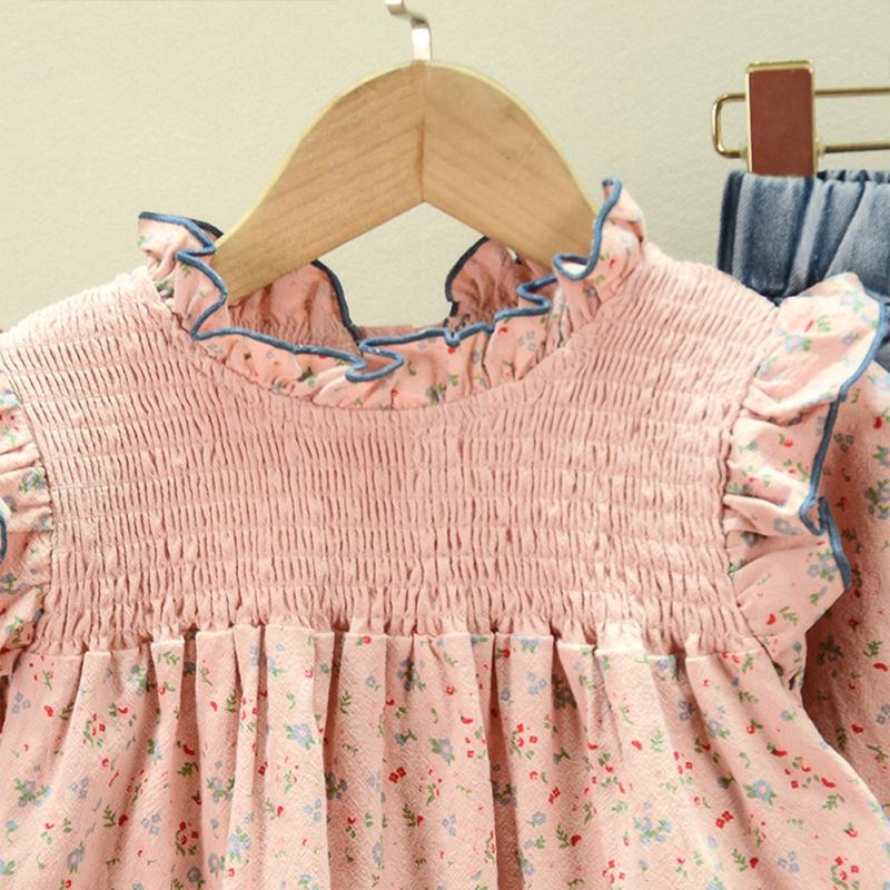 2pcs/set Baby Girls Cotton Cute Long Sleeved Sets Floral Shirt + Denim Flared Pants Suit Pullover