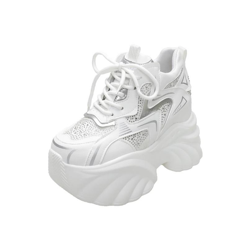 10CM Women Chunky Shoes 2025 Spring Thick Sole Ladies Stylish High Platform Sports Sneakers Outdoor Leisure Leather Dad Shoes