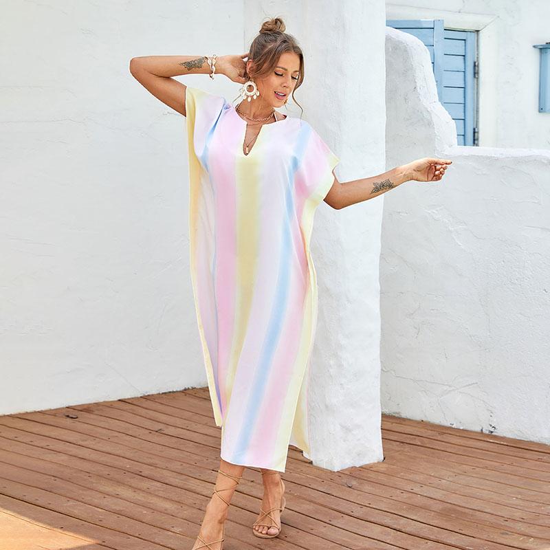 

Rainbow Gradient Tie-Dye V-Neck Loose Maxi Dress with Side Slits one size разноцветный