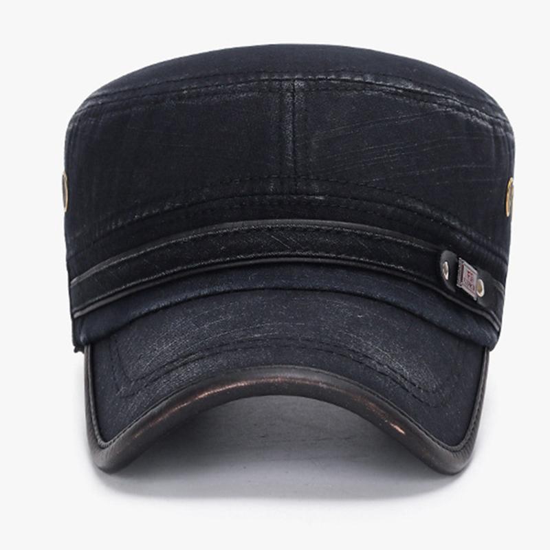 Four Seasons Classic Vintage Flat Top Men Washed Cap Adjustable Cap Winter Warm Cotton Solid Color Sun Protection Military Cap