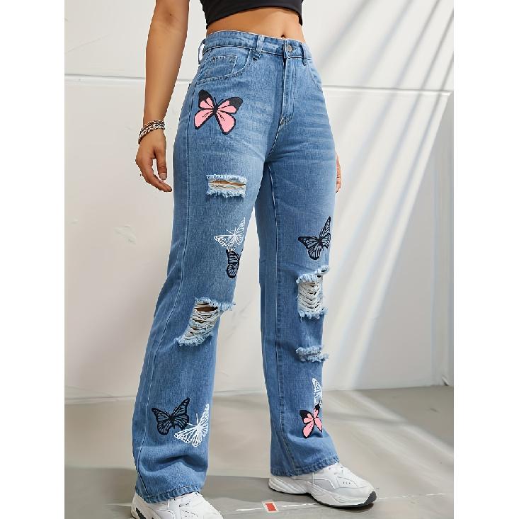 Women'S High Waist Button Up Butterfly Print Jeans Fashion Casual Straight Pants For Women Spring Summer Chic Ripped Jeans