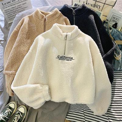 Herbst Winter Warme Kaschmir Sweatshirt frauen Mode Plüsch Lose Brief Koreanische Kurze Jacke Sweatshirt