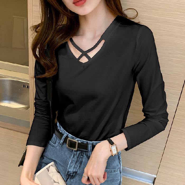 

Белая хлопковая женская футболка с длинным рукавом и V-образным вырезом в гонконгском стиле M