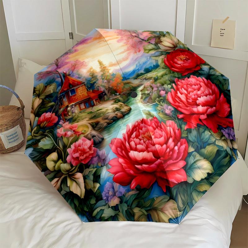 

Automatic Open/Close Umbrella with One-Touch Button - Floral Design with Peonies & Roses - 8-Rib Windproof Canopy - Compact Tr (as the picture,Iron&8K)