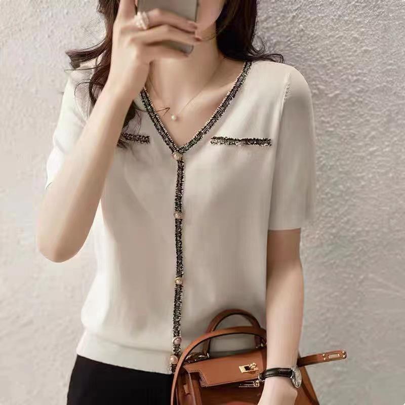 Chic V-neck Tassel Edge Pearl Button Ice Silk Knit Top – Women's Loose Summer T-shirt