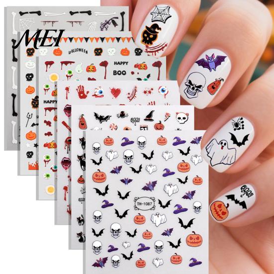 Ghost Manicure Decal 6 Sheets Halloween Glow-in-the-dark Nail Sticker, Spooky Pumpkin Skull Party Art Decor Decal, DIY Decoration Favors for