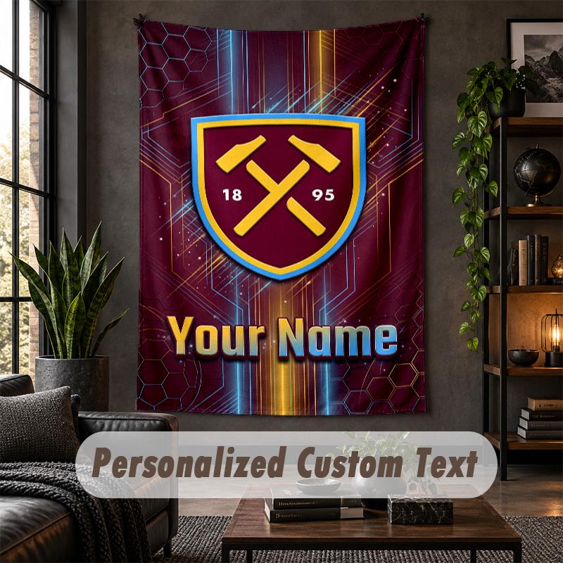 Personalisierte Wandteppich, West Ham United FC Benutzerdefinierter Text, Weicher Stoff Wandkunst Für Innenraumdekoration