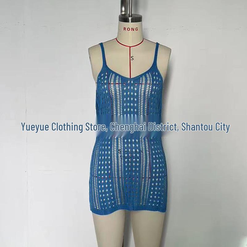 European and American Women's See-Through Spaghetti Strap Knit Beach Dress