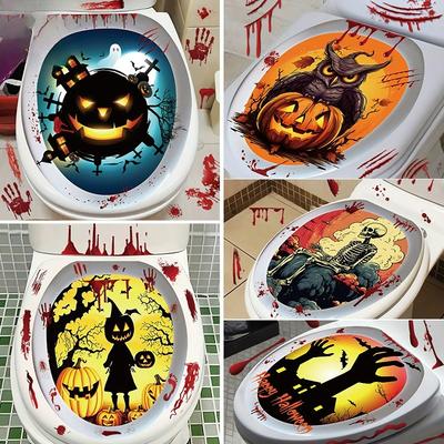 Halloween Toilet Lid Sticker Scary Pumpkin Haunted House Bathroom Decoration Wall Decals Poster Party Decoration Self Adhesive