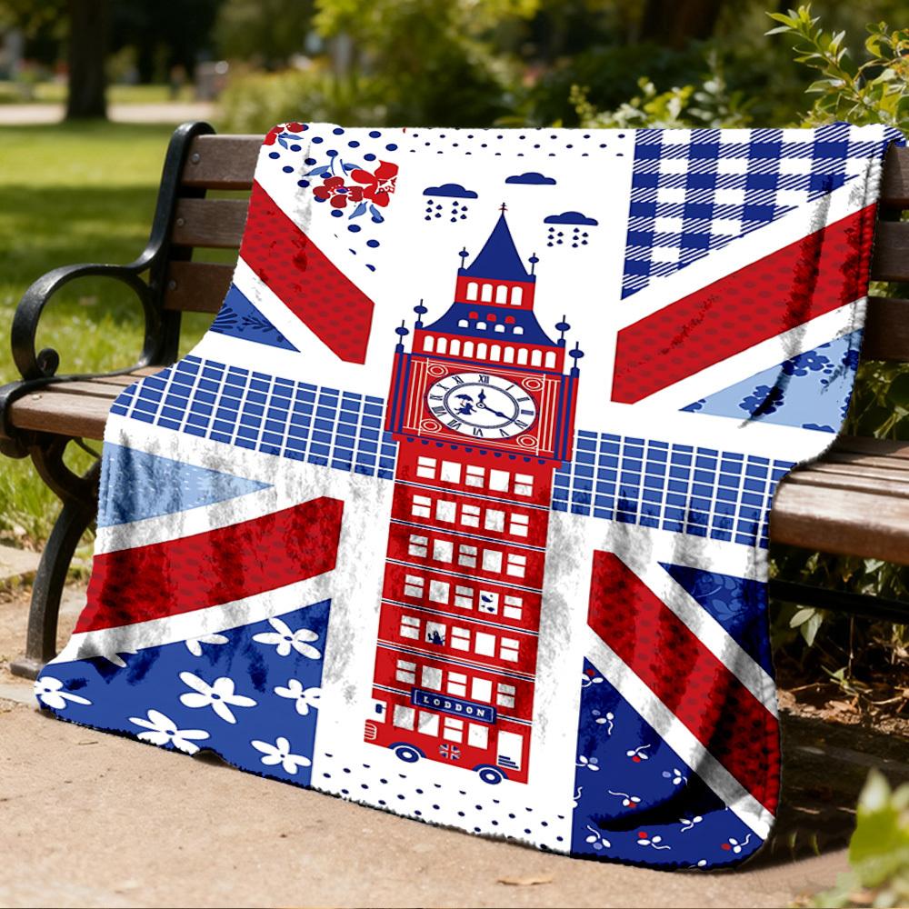 1pc Union Jack, Big Ben Outdoor Flannel Blanket for Girls Soft, Lightweight Throw Perfect for Camping, and Gifting, Digital